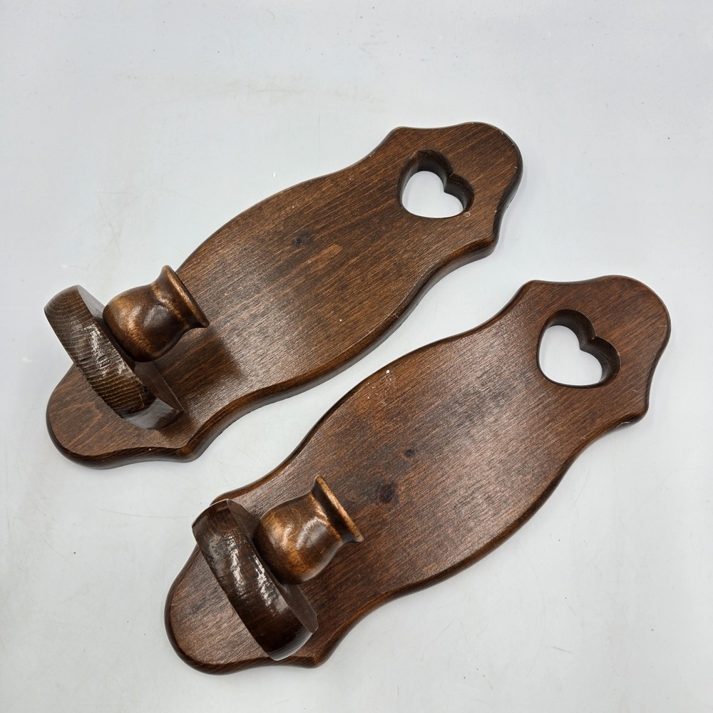 2 Wall Mounted Heart Cutout Hand Crafted Oak Wood Candle Holders Cottagecore